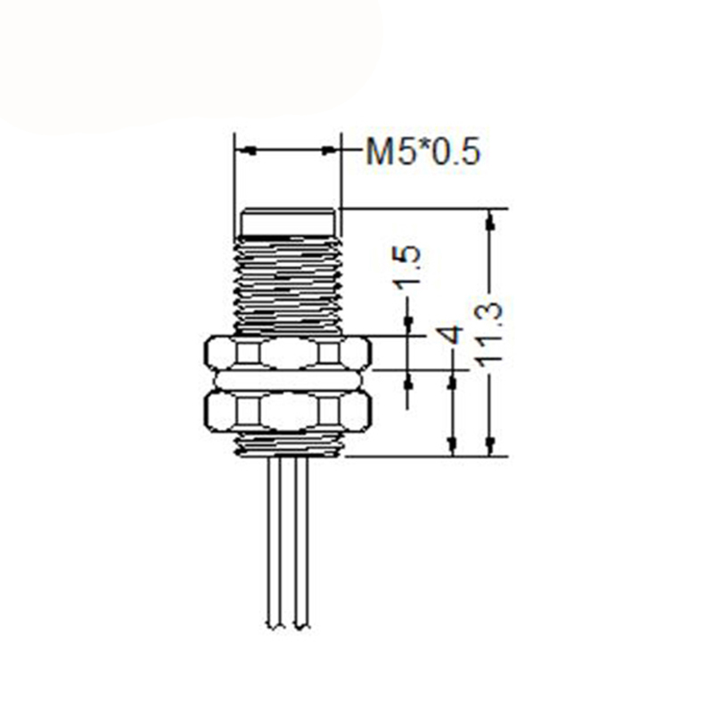 M5 4pins A code male straight rear panel mount connector,unshielded,single wires,26AWG 0.14mm²,brass with nickel plated shell